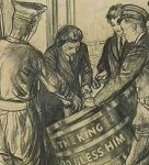 WRNS serving rum to a sailor from a tub inscribed 'THE KING GOD BLESS HIM