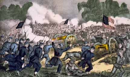 The battle of Gettysburg, 3rd July 1863, showing Battle of Gettysburg, July 1—3, 1863 - part of American Civil War and was won by the North. Lithograph by Currier and Ives.