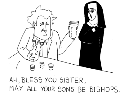 Cartoon illustration of Brendan Behan from Dublin with his quotation, 'Bless you Sister, May all your sons be bishoops.'