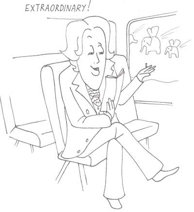 Cartoon illustration showing Oscar Wilde's quote I never travel without my diary. One should always have something sensational to read in the train.' Copyright Irish Music Forever.