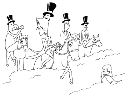 Cartoon illustration showing Oscar Wilde's quote 'The English country gentleman galloping after a fox - the unspeakable in full pursuit of the uneatable.' Copyright Irish Music Forever.