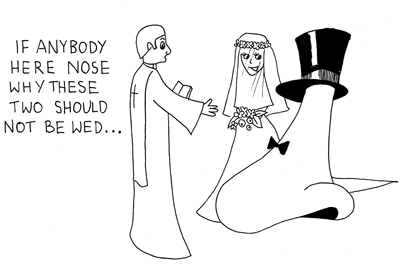 Cartoon illustration showing Oscar Wilde's quote 'There is nothing so difficult to marry as a large nose.' Copyright Irish Music Forever.