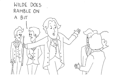 Cartoon illustration showing Oscar Wilde's quote 'It is perfectly monstrous the way people go about nowadays saying things against one, behind one’s back, that are absolutely and entirely true..' Copyright Irish Music Forever.