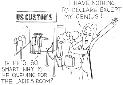 Cartoon illustration of Oscar Wilde's quote 'I have nothing to declare except my genius.' Copyright Irish Music Forever