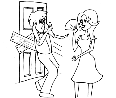 Cartoon illustration showing Oscar Wilde's quote 'Woman begins by resisting a man’s advances and ends by blocking his retreat.  Copyright Irish Music Forever.