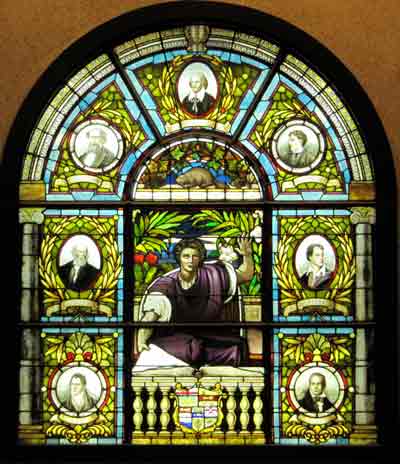 Stained glass window at Ottawa PublicLibrary Copyright 	Mike Gifford  and licensed for reuse under this Creative Commons Licence 2